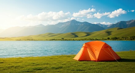 Orange tent set up on grassy shore with lake and mountains in the background on a sunny day