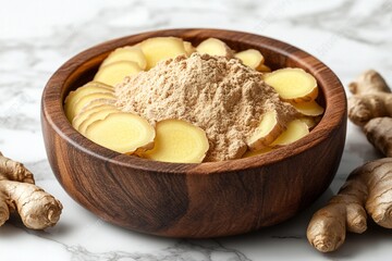 Fototapeta premium A wooden bowl filled with freshly sliced ginger and ginger powder. The warm tones and natural textures create a cozy and healthy feel.