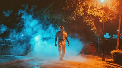 Fototapeta premium A sinister clown walking down a foggy and illuminated street