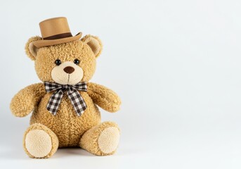 Obraz premium A teddy bear wearing a hat and bow tie sitting against a white background in a studio setting