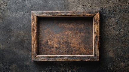 Rustic wooden frame with a faded floral pattern, resting on a smooth dark brown background.
