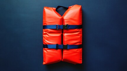 Safety-certified boating life jacket in striking red, isolated on a bold navy background.