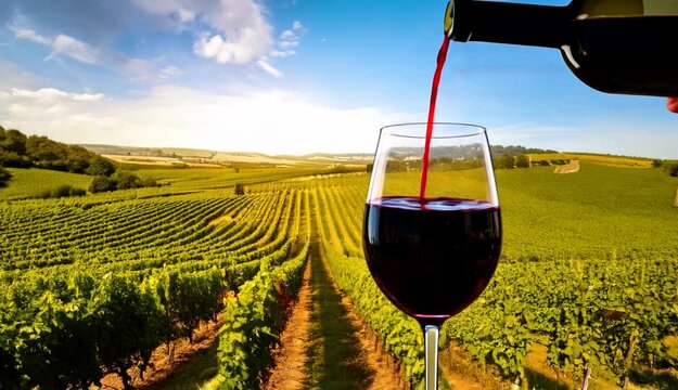 A scene of red wine being poured into wine glasses in a beautiful vineyard. Winery, for a product PR video for red wine. For presentations.