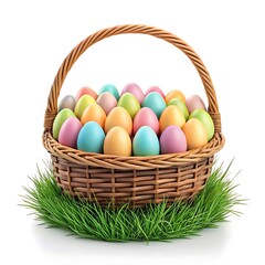 Wicker basket full of colorful pastel Easter eggs on fresh green grass.