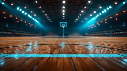 Basketball court shot from ground level with shallow depth, blurred stadium lights, and cinematic bokeh for a dramatic sports ambiance.  