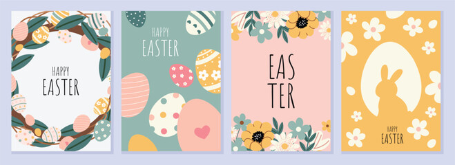 Set of cute Easter greeting cards. Holiday postcards with eggs, flowers, bunny silhouette and wreath. Flat spring illustrations in pastel colors. Vector design for Easter celebration.