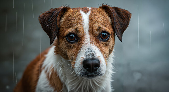 Sad dog in the rain in an animal shelter. Portrait of a homeless dog in a cage of an animal shelter.