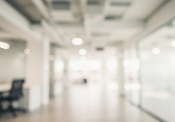 Blurred office space with desk and chair in a modern and bright interior environment setting area