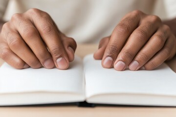 Hands resting on open book, emphasizing quiet reflection and foc