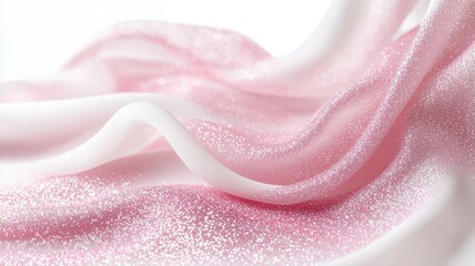 Shimmering pink and white fabric folds create an elegant abstract design with sparkling texture.