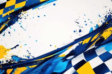 A dynamic vector design featuring bold blue and yellow abstract shapes with splashes of paint on a clean white background