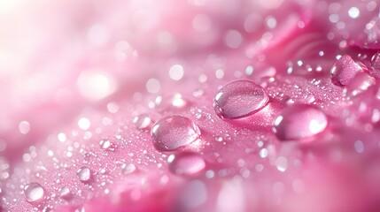 Crystal-clear water drops in varying sizes on a soft pink background, showcasing hyper-realistic macro details and minimalist elegance.  