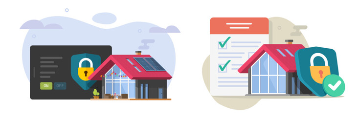 Real estate property insurance policy icon vector graphic illustration set, eco smart home house security technology mobile app on tablet screen, safeguard risk coverage contract image clip art 3d
