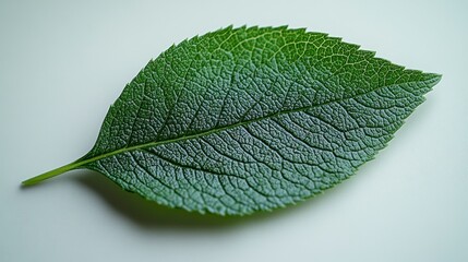 Obraz premium Single green leaf with detailed veins lies on a white background