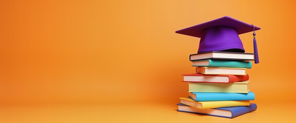 Graduation cap on stacked colorful books against orange background  