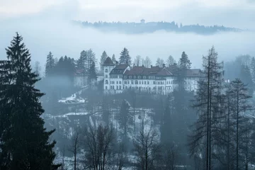 Fototapete Wald im Nebel Large Building on Hillside in Fog  © Photock Agency