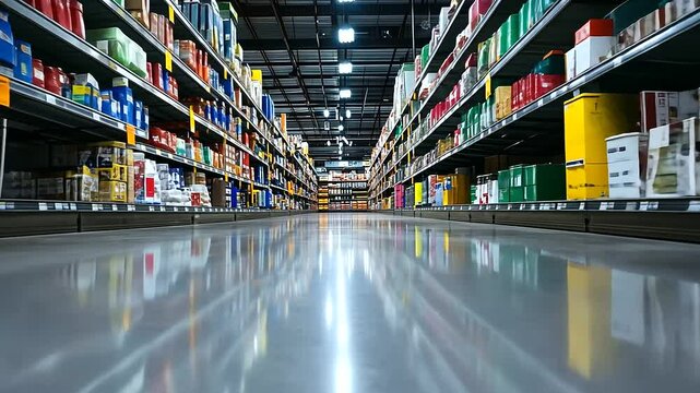 Wide-angle view of a bustling hardware store aisle, shelves perfectly stocked with colorful paint cans, power tools, and building materials, illuminated by bright fluorescent ceili