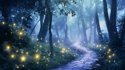 Fototapeta premium Watercolor Scene of Mystical Forest with Fireflies
