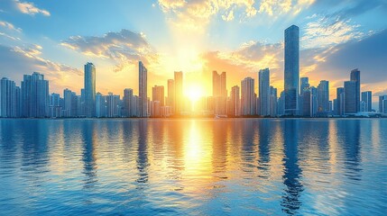 Fototapeta premium Miami Skyline at Sunset: Golden Hour over Biscayne Bay
