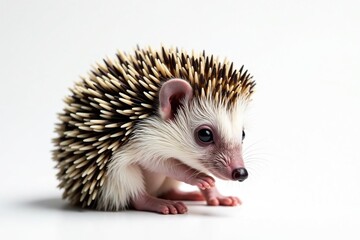 Obraz premium Tiny hedgehog, curled in a ball, white background, hedgehog, macro
