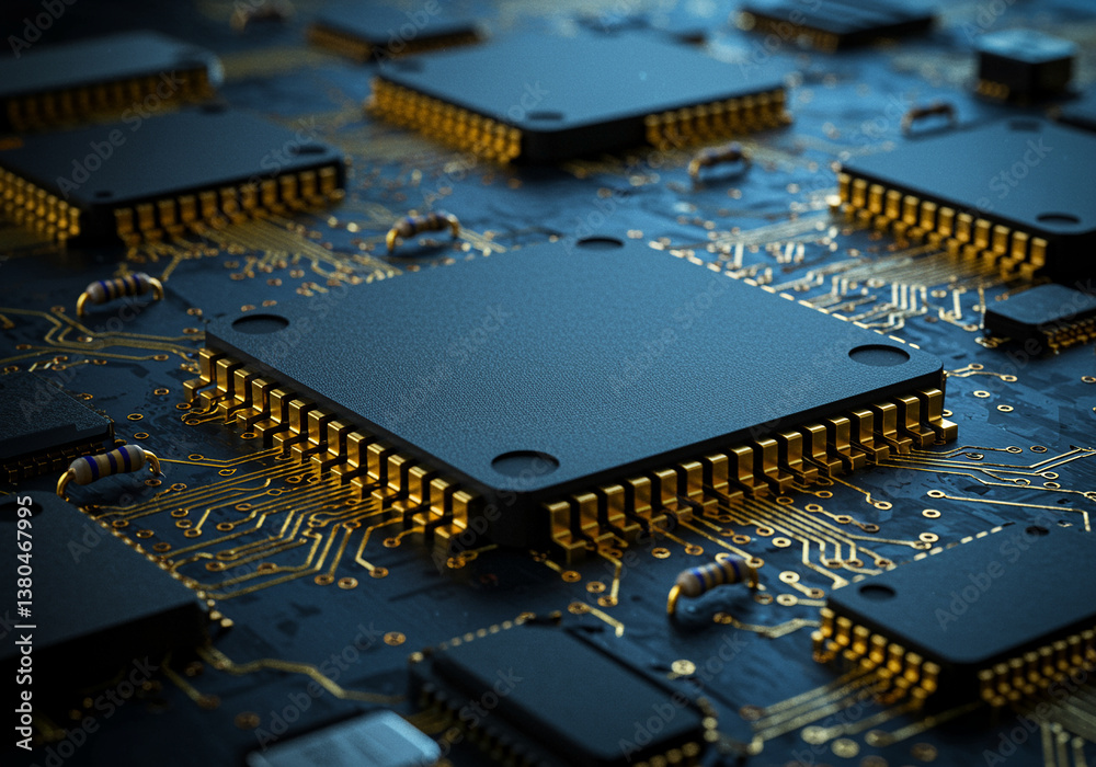 Poster microchip on circuit board with microprocessor and electronic components. close-up shot of a microch