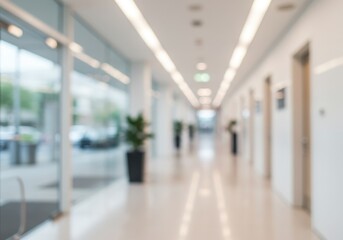 Blurred office hallway with plants and elevators and bright lighting creating a modern atmosphere