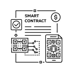 Naklejka premium Smart contract document with QR code connected by blockchain schemes – for modern fintech products, security topics, blockchain technologies and access to digital finance