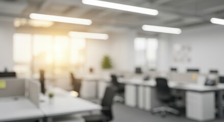 Blurred view of an open office space with desks chairs and bright light from the window in daytime