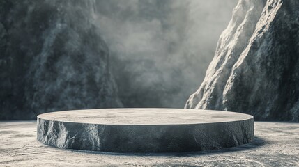 A dramatic empty platform in a misty landscape.