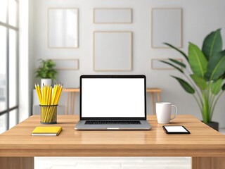 Modern Workplace with Laptop, Tablet, and Plant in Bright Home Office Environment
