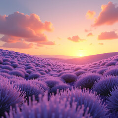 夢のようなラベンダー畑の夕暮れ