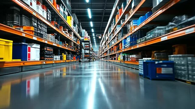Expansive aisle inside a modern hardware store, featuring endless rows of hand tools, metal pipes, and stacked paint cans, all glowing under cool white fluorescent lighting