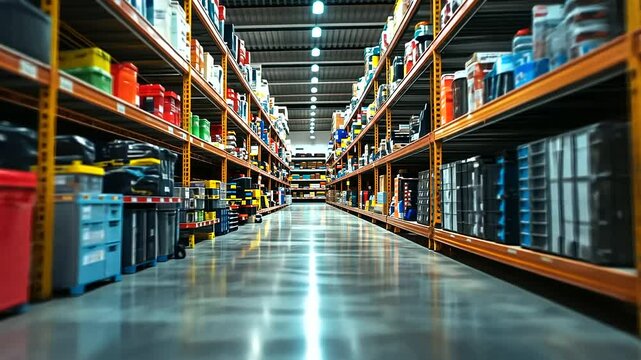 Expansive view of an indoor hardware store aisle where metal shelves overflow with drills, toolboxes, paint cans, and building materials, fluorescent lights casting sharp reflectio