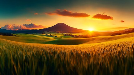 Golden Sunset over Rolling Hills  Wheat Field.