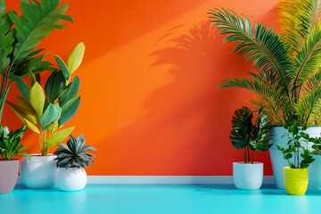 Obraz premium A group of potted plants sitting on top of a blue floor