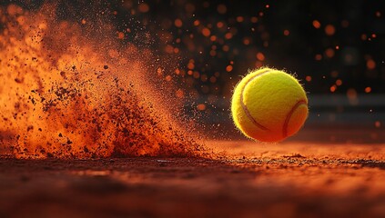 Tennis ball in motion, clay court, dramatic sunset lighting. Dust and particles explode as the ball bounces. Intense action shot!