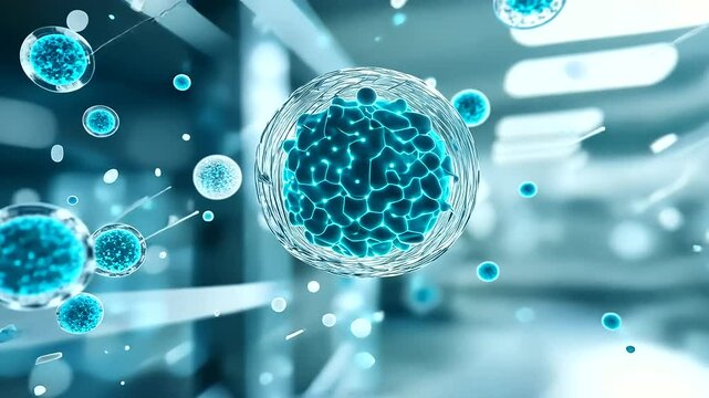 Hyper-detailed D scientific scene showing radiant blue exosome particles moving within clear lipid vesicles, floating in a sterile laboratory background filled with medical hologr