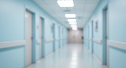 Obraz premium Blurred hospital hallway with doors and lights showing a sense of cleanliness and sterility