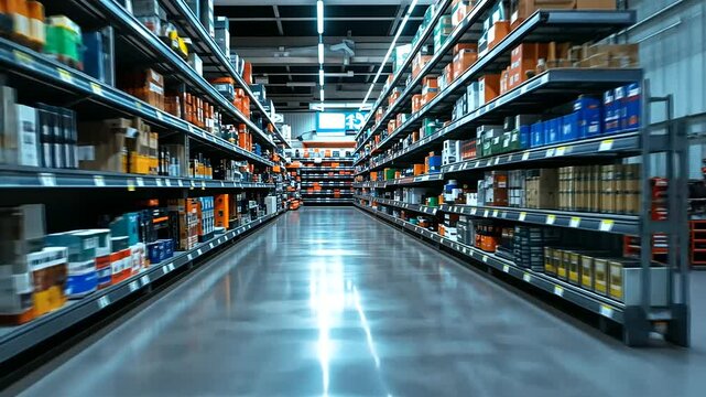 Immersive wide-angle view of a fully stocked hardware store aisle, showcasing neat rows of hand tools, spray paint, paintbrushes, and building materials, all under the intense glow