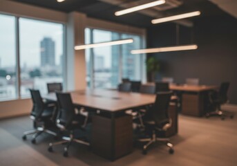 A blurred view of a modern conference room with a large table and office chairs inside a building