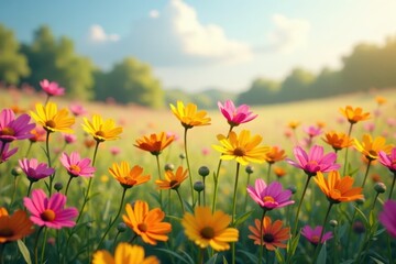 Obraz premium A sea of colorful wildflowers stretches across a serene meadow amidst soft pink and yellow hues, field, meadow