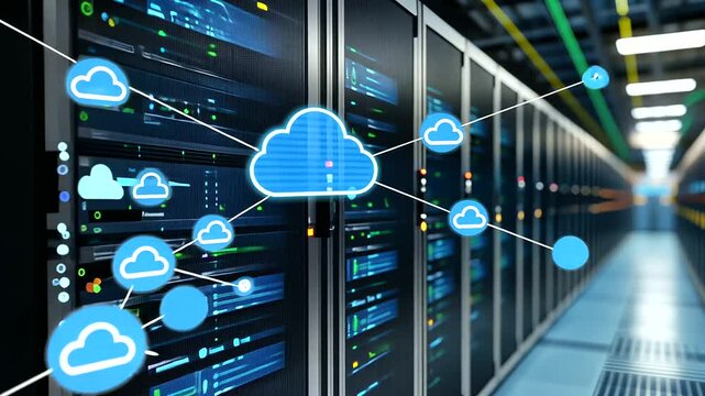 Infographic depicting data streams, cloud computing symbols, and digital security shields surrounding a migrating server from one advanced facility to another, emphasizing business
