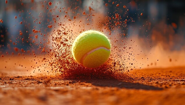 A tennis ball explodes in a burst of red clay, a dramatic moment frozen in time. The vibrant colors and dynamic action create a powerful image.