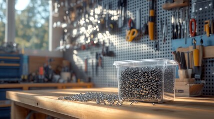 Obraz premium Sunlit Workshop with Tools and Container of Metal Screws on Wooden Table