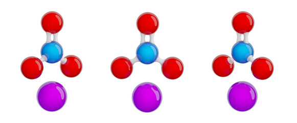 Molecule of potassium nitrate (saltpetre). Set of views. Molecular formula: KNO3. Chemical model: Ball and stick. Isolated. Transparent background. 3D illustration