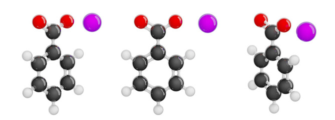 Molecule of Sodium benzoate. Set of views. Molecular formula: C7H5NaO2. Chemical model: Ball and stick. Isolated. Transparent background. 3D illustration