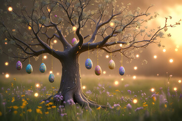 A beautiful fantasy-style illustration of an enchanted tree with delicate branches, holding intricately painted Easter eggs like ornaments