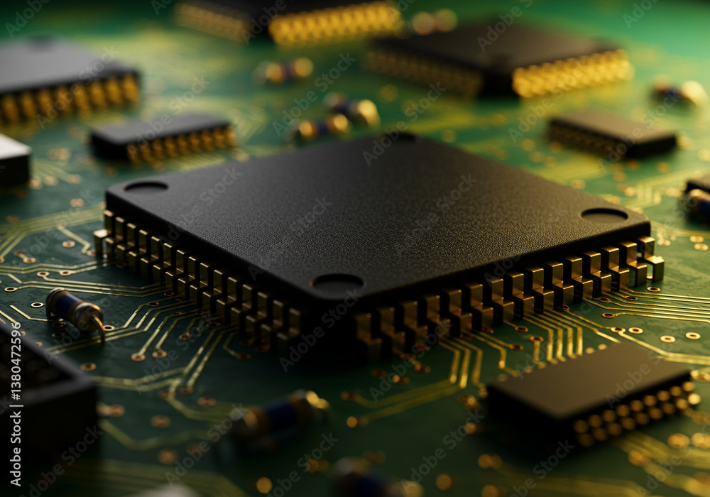 Poster macro shot of a microchip on a circuit board showcases intricate details and golden connections with