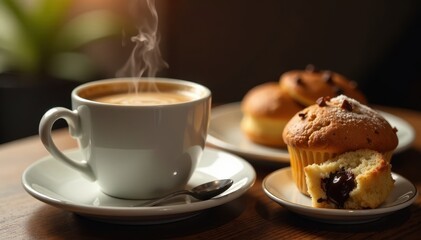 A steaming hot cup of coffee paired with a freshly baked chocolate muffin and a plate of pastry, muffin, dessert