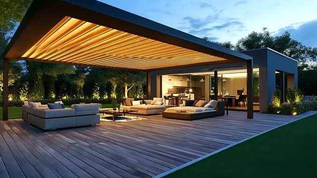 Modern backyard with a home battery storage system, wooden pergola overhead, comfortable outdoor lounge seating around, soft ambient lighting as the sun sets